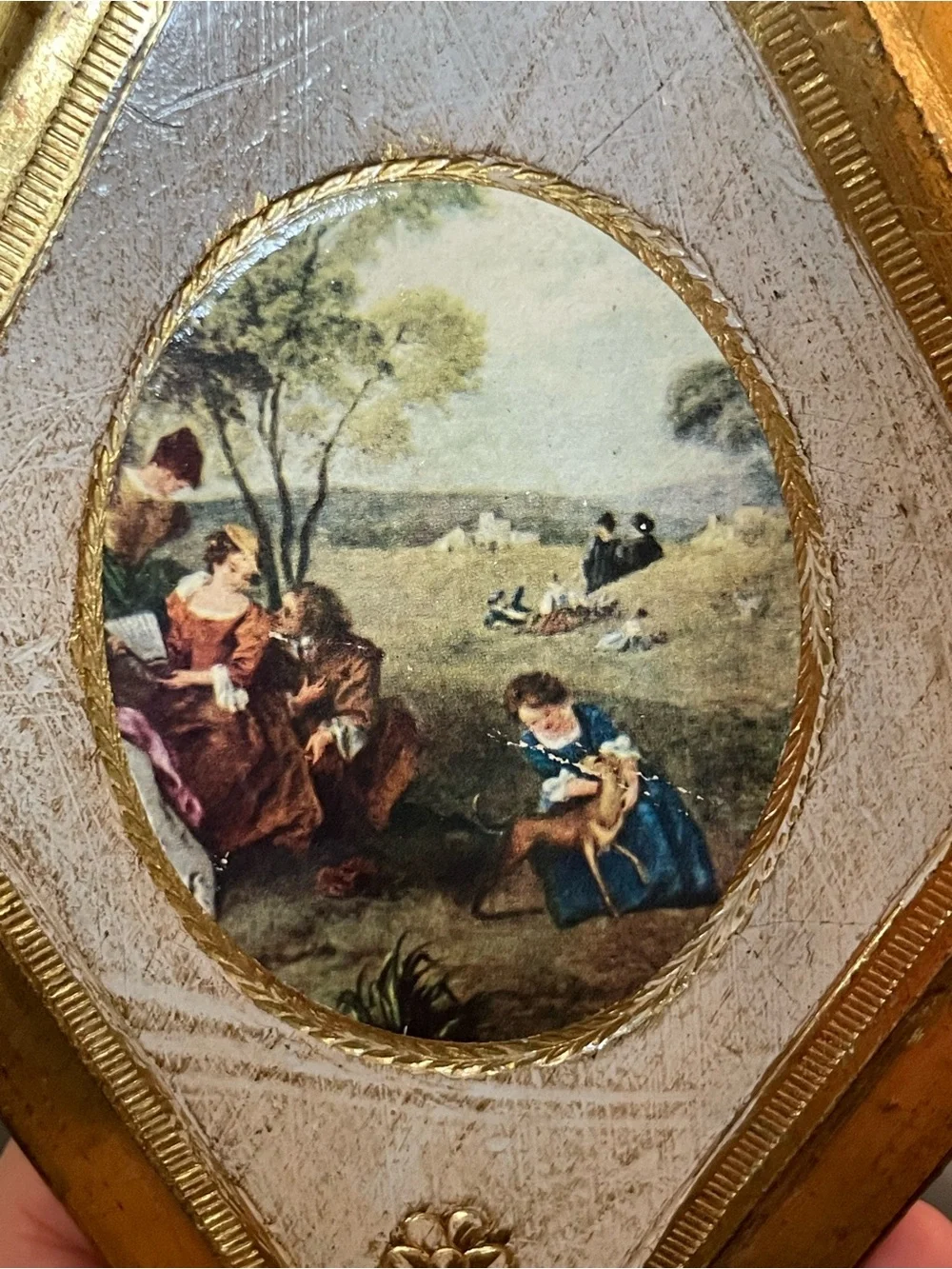 Italian Florentine Distressed Gold Diamond-Shaped Wood Plaque -Pastoral Scene